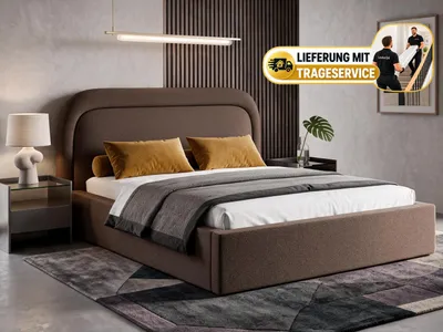 Produktbild von Polsterbett BONIA 180x200 cm mit Bettkasten, Stauraum und Metall-Lattenrost – Bouclé Stoff Braun