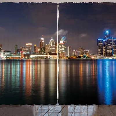 Produktbild von ARANDE Detroit Gardine, Modernes Metropolen-Stadtbild nachts Detroit River mit bunter Reflexion, 280 x 175 cm, Mehrfarbig