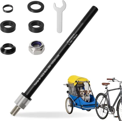 Zdjęcie produktu dla Oś do stojaka treningowego do roweru, średnica 12 mm, regulowana długość trzpienia 160-178 mm, 4 podkładki, do przyczep rowerowych