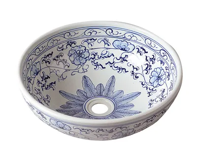 Productafbeelding van Sapho PRIORI keramische wastafel, diameter 41 cm, wit met blauw patroon