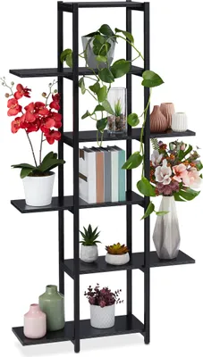Produktbild von Relaxdays Pflanzenregal, Blumentreppe mit 6 Ablagen, HBT: 150 x 78 x 24 cm, Stahl & MDF, Blumenregal für innen, schwarz