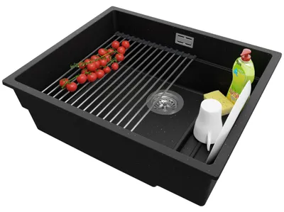 Produktbild von PRIMAGRAN Unterbauspüle Granit Schwarz Metallic 56x47cm, Spülbecken 1 Becken + Ablauf-Set + Aufrollbare Abtropffläche, Granitspüle ab 60er Unterschrank - Praga