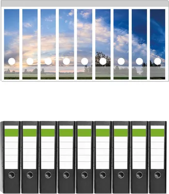 Produktbild von Wallario 9 Stück breite Ordner inkl. Klebeetiketten mit Motive Morgenhimmel über Wäldern und Wiesen -  Set mit Rückenschildern / Ordnerrücken Stickern