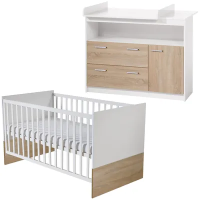 Produktbild von roba Kinderzimmerset 'Gabriella' 2-teilig - Babybett 70 x 140 cm + Wickelkommode breit - Bicolor
