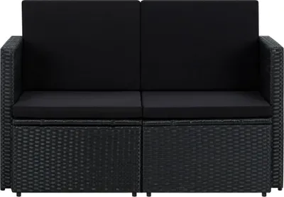 A black two-seater outdoor sofa with cushions.