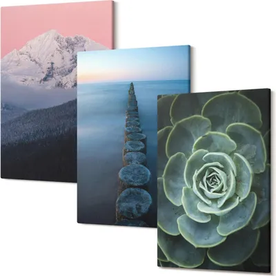 Produktbild von Wandbild – Leinwandbild – Leinwandbilder – Polycanvas – Kunstdruck – Modern – Panorama – Mehrteilig – 3-Teilig Set – Hochwertig – Lichtecht – Geruchslos – 20x30 Cm Je Element - Berge mit rosa Himmel, Wasser und grünen Sukkulenten