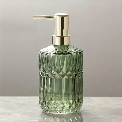 Image de Distributeur de savon en verre vert 400 ml - Flacon pompe élégant pour la salle de bain et la cuisine - Design vintage