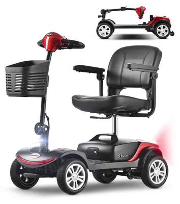 Productafbeelding van Zimilo elektrische mobiliteitshulpmiddel voor senioren, met een 300W motor, een maximale snelheid van 6 km/u, een draagvermogen van 136 kg, een 360° draaibare stoel, LED-verlichting en een verwisselbare accu