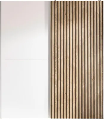 Produktbild von Schwebetürenschrank BERNO, Weiß mit Karlstad Eiche Ripado Akzenten, 2-türig, 57 cm tief