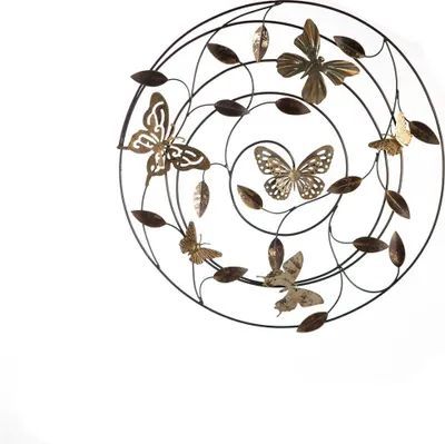 Productafbeelding van Casablanca wanddecoratie "Farfalle", metaal, grijs/lichtbruin/goudkleurig, rond, met vlinders en bladeren, voor het ophangen. Hoogte: 4,50 cm, diameter: 50 cm. Artikelnummer: 84045