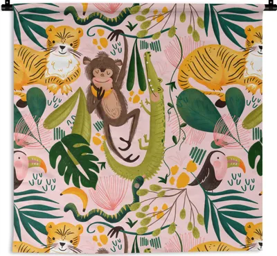 Produktbild von MuchoWow® Wandteppich Wandbehang Dschungel - Tiere - Rosa 150x150 cm Tapisserie Dekoration Wandtuch - Wohnaccessoires - Modernes