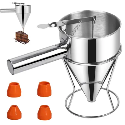 Imagen del producto de Dispensador de masa de acero inoxidable, con capacidad de 1200 ml, que incluye 4 boquillas de silicona, ideal para hacer tortitas