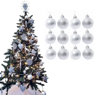 Weihnachtskugeln, 12 Stück, 38 mm, silber, glitzernd, Eiseffekt