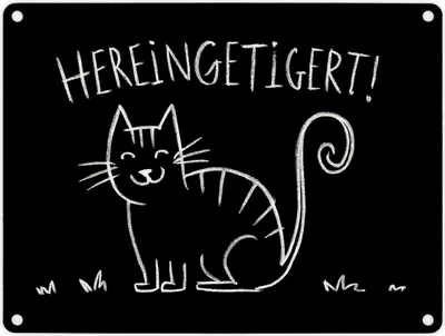 Produktbild von Hereingetigert! Metallschild in 15x20 cm mit lächelnder Katze