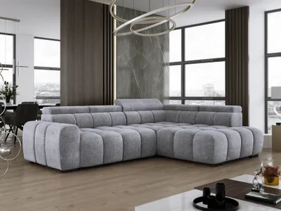 Image de DomoHome Canapé d'angle indépendant Ombo 297x137cm, en forme de L, argenté avec fonction sommeil 125x193cm, Canapé avec dossier réglable, tissu structuré Eden, appuie-tête réglable