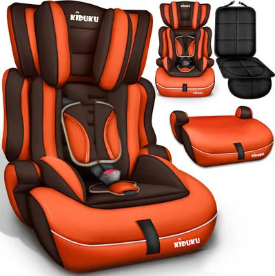 A collage of a child car seat and its components, presented on a white background.