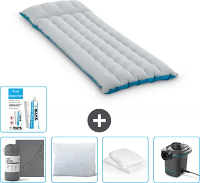 Produktbild von Intex Campingmatte – 1 Person – 67 x 184 x 17 cm – Blau – im Lieferumfang enthalten Spannbettuch - Küssen - Pumpe - Reperaturset en Kissenschutz