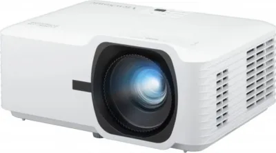 A white DLP projector is shown from a slightly elevated front-left angle against a white background.