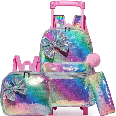 Produktbild von Rollrucksack Set mit Lunchbox und Federmäppchen für Mädchen 3D Meerjungfrau Design Mint