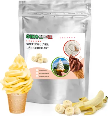 A pouch of banana flavored soft serve ice cream powder with images of ice cream and bananas.
