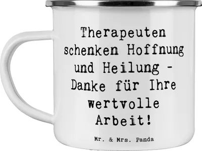 Produktbild von Mr. & Mrs. Panda Teebecher Spruch Therapeut Dankeschön - Weiß - Geschenk, Dankbarkeit, Teetasse, Pott, besondere Geschenkideen, Kaffeepott, Hoffnung, becher emaille