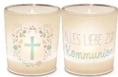 Produktbild von Windlicht+Teelicht 6x6cm Für Dich Kommunion Kreuz in Geschenkpackung