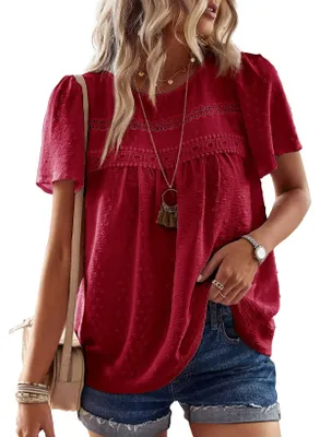 Productafbeelding van TUUHAW Bluse voor dames, zomer, boho-stijl, top met korte mouwen, stippenprint, rood, maat 6XL