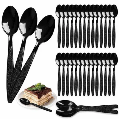Obrázok produktu pre Unyqoos® 100 kusov opakovateľne použiteľných čiernych plastových lyžičiek, rozmer 14,5 x 3 cm – vhodné na potraviny, vhodné do umývačky riadu, ideálne na zmrzlinu, dezerty a oslavy