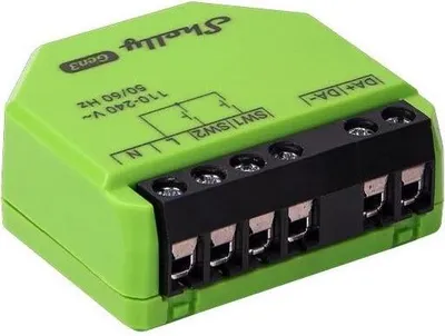 A green electronic device with black connectors and labels.