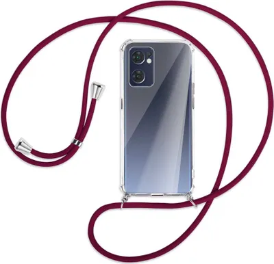 Produktbild von Handykette Backcover-Schutzhülle mit Band (Metall silberfarben) für Oppo Reno7 5G / Find X5 Lite - dunkelrot