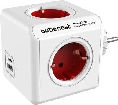 Obrázok produktu pre PowerCube Original USB PD 20 W USB-A+C červená, zásuvka - 4 zásuvky, uzemnenie, prepäťová ochrana, max. 16 A/250 V, 3680 W/50-60Hz - typ F schuko
