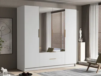 Obrázek produktu pro Velká šatní skříň 200 cm se zrcadlem BETILA - bílá / zlatá