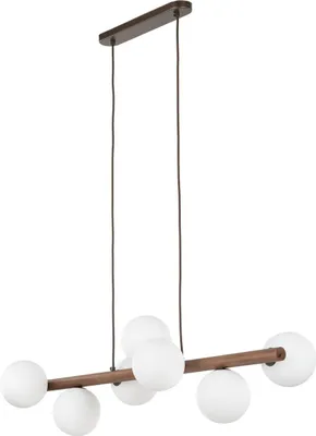 A product image of a pendant light with a brown wooden bar and multiple white glass globes.