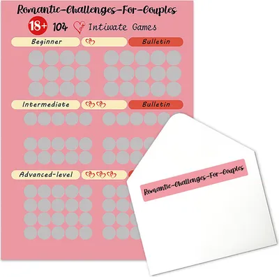 A scratch-off poster for romantic challenges for couples, with an envelope partially covering the bottom right corner.