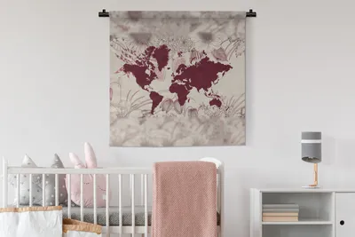 Produktbild von MuchoWow® Wandteppich Wandbehang Weltkarte - Pflanzen - Rot 90x90 cm Tapisserie Dekoration Wandtuch - Wandaufhänger