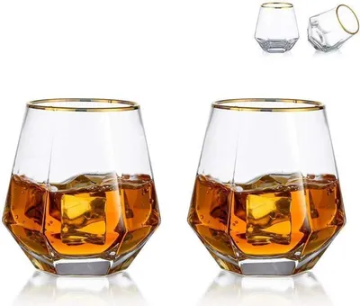 Image de Diamond Whisky Glasses Set de 2 verres à scotch 300 Ml Verre à whisky Look moderne Hommes Femmes Bourbon Tumbler Clair Bord doré