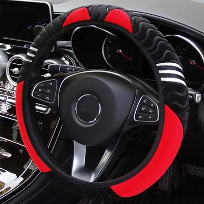 Produktbild von Lenkradbezug, Lenkradbezug Winter, Lenkradbezug Plüsch, Anti Rutsch Universal Auto Lenkradhülle Für Herbst- und Wintersaison（schwarz rot）