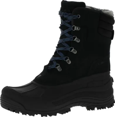 A single black snow boot is shown against a white background.