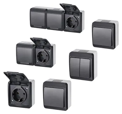 Produktbild von Lichtschalter anthrazit Aufputz IP44 Steckdose 1- bis 3-fach