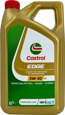 A gold plastic jug of Castrol EDGE 5W-30 C3 engine oil.
