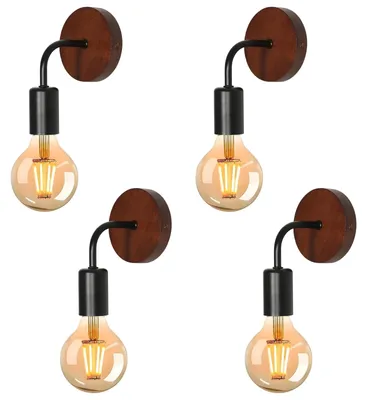 Wandlampen-Set 4er, Vintage Holz/Metall, E27, 60W, Schwarz