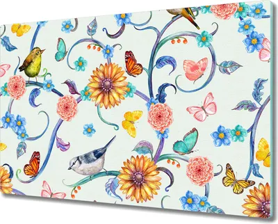 Produktbild von Glas-Herdabdeckplatte Glaskeramikkochfeld-Abdeckung Spritzschutz - 80x52 cm - Bunte Vögel Blumen