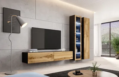 Produktbild von Wohnwand Wohnzimmer - Set Schrankwand VIGO 3G schwarz / eiche wotan 3tlg mit hängendem TV-Schrank und hängenden Vitrinen 260cm breit