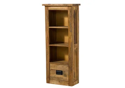 A tall, narrow wooden bookshelf with three shelves and one drawer at the bottom, shown against a white background.