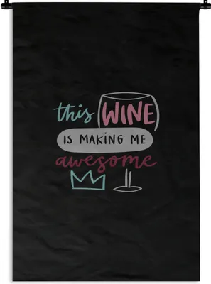 Produktbild von MuchoWow® Wandteppich Wandbehang Zitat "Dieser Wein macht mich geil" vor schwarzem Hintergrund 90x135 cm Tapisserie Dekoration Wandtuch - Baumwolle - Wandskulptur