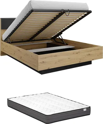 Produktbild von Bett mit Kommode und Nachttischen 160 x 200 cm - Mit LED-Leuchten - Farben: Natur und Schwarz + Matratze - ARIADA