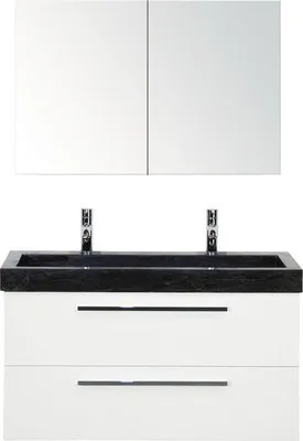 Produktbild von Sanox Badmöbel-Set Seville BxHxT 101 x 170 x 45,5 cm Frontfarbe weiß mit Waschtisch Naturstein schwarz, Waschtischunters