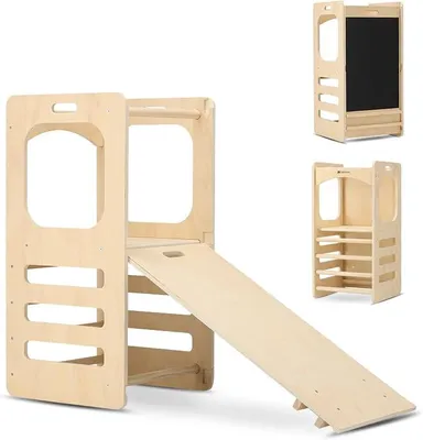 Imagen del producto de Estructura de escalada Montessori, torre de escalada interior para niños de 3 a 8 años (peso máximo: 40 kg), parque infantil de madera interior con tobogán, barras de escalada, escalera y madera natural