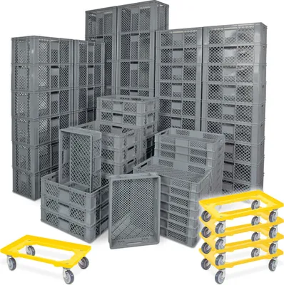 Produktbild von 78 Stück Stapelkörbe/Bäckerkästen in 5 Größen, Grundmaß LxB 600 x 400 mm, H 90 mm, 150 mm, 240 mm, 320 mm, 410 mm, Farbe grau + 5x Transportroller, gelb