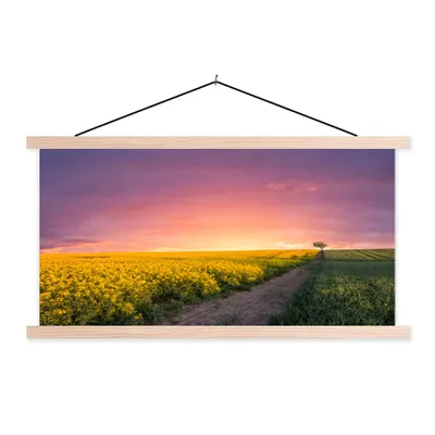 Produktbild von MuchoWow® Textilposter Blumen - Straße - Himmel - Gelb - Lila - Sonnenuntergang - Natur 60x30 cm mit holzfarbenen Rahmen - Dekoration